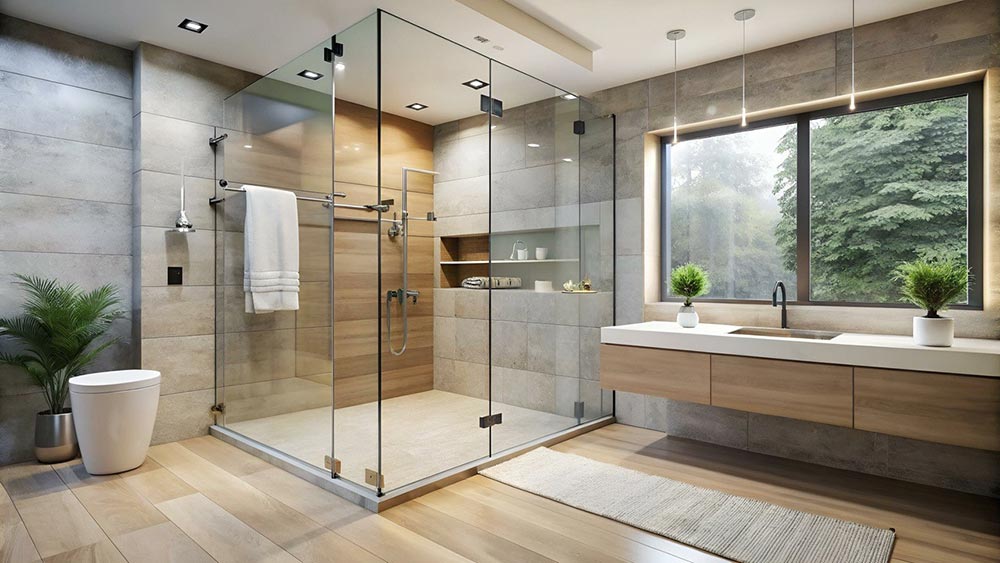 Upscale Bathroom and Glass Shower with Natural Earthy Look
